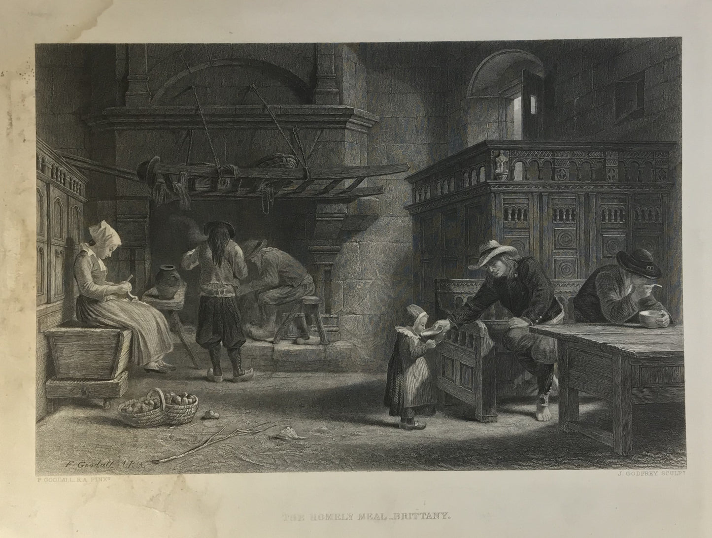 Iconographic Engravings – The Fine Arts (1851)  "The Homely Meal, Brittany" - Rustic 19th Century Scene