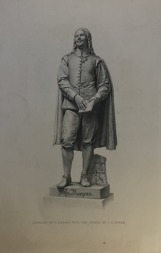 Iconographic Engravings – The Fine Arts (1851)  Engraving Print - "John Bunyan Statue" by H. Balding