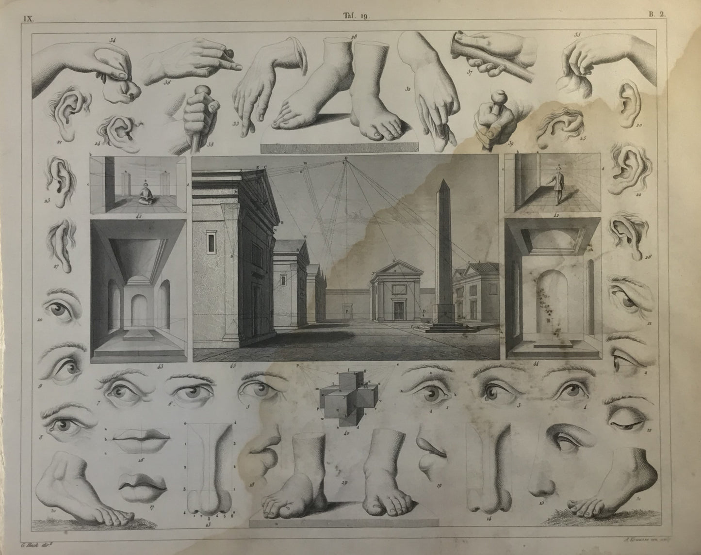 Iconographic Engravings – The Fine Arts (1851) detailed 19th-century instructional plate, likely used as a teaching tool in art and architectural academies