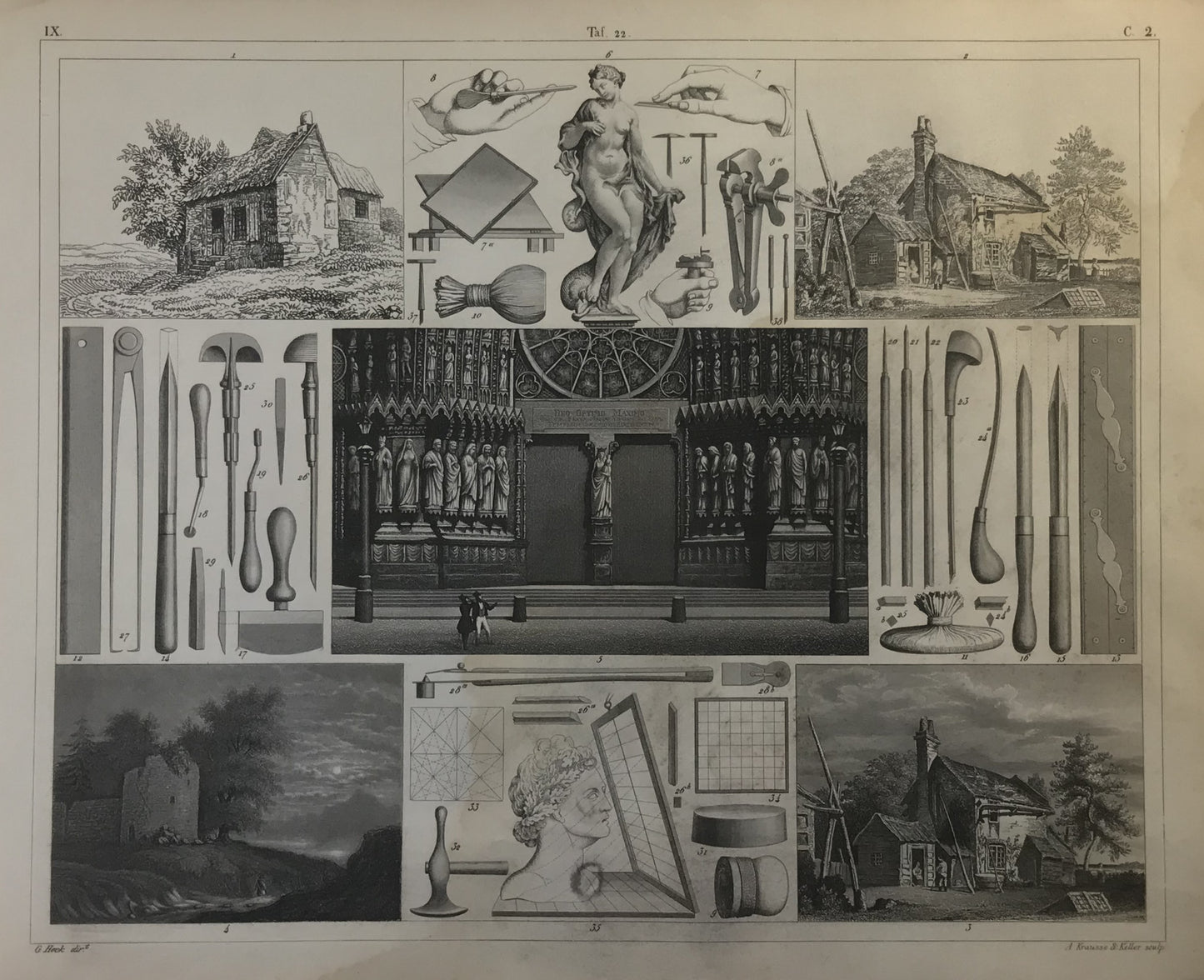 Iconographic Engravings – The Fine Arts (1851)  "Architectural Elements, Classical Tools, and Rural Scenes"