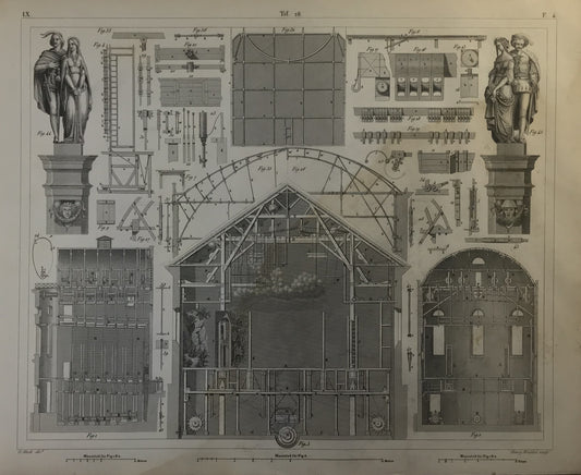 Iconographic Engravings – The Fine Arts (1851)  Architectural Print of Theater Stage Machinery – Detailed 18th/19th Century Technical Engraving