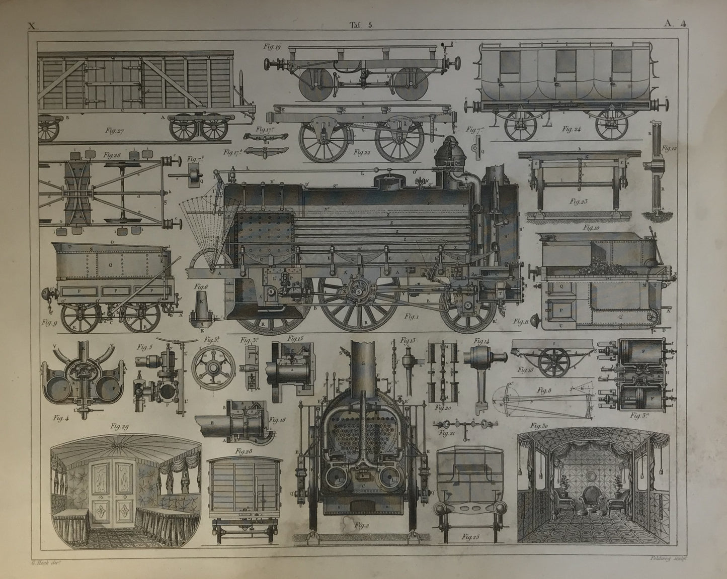 Iconographic Engravings – The Fine Arts (1851) "19th Century Train Mechanics and Diagrams" - Detailed Locomotive Illustration