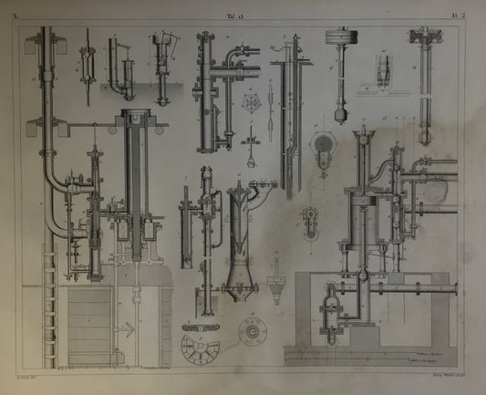 Iconographic Engravings – The Fine Arts (1851)  technical drawing of industrial machinery or components of a mechanical system,