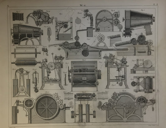 Iconographic Engravings – The Fine Arts (1851) Antique 19th-Century Industrial Machinery Engraving – Textile and Paper Processing Machines