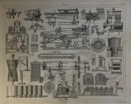 Iconographic Engravings – The Fine Arts (1851) Antique 19th-Century Industrial Machinery Engraving – Textile/Paper Processing Equipment