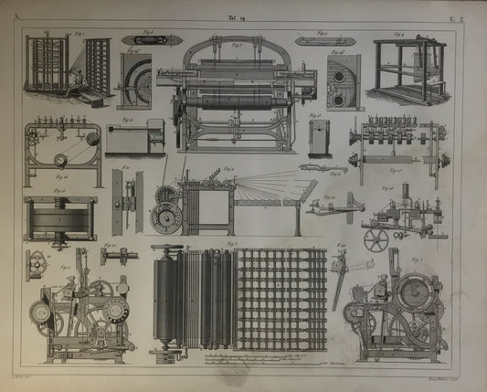 Iconographic Engravings – The Fine Arts (1851) Industrial Machinery Engraving - 19th Century Textile Manufacturing Equipment, Taf. 19