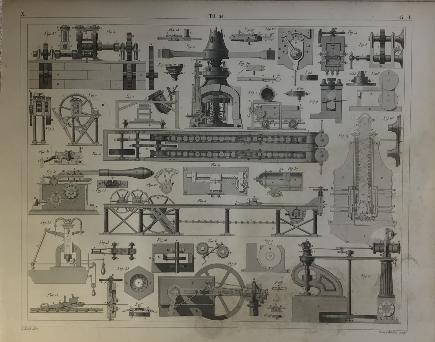 Iconographic Engravings – The Fine Arts (1851)  highly detailed, technical engraving of industrial machinery components, likely from an engineering or manufacturing manual from the 19th century