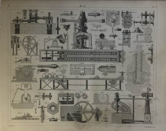 Iconographic Engravings – The Fine Arts (1851)  highly detailed, technical engraving of industrial machinery components, likely from an engineering or manufacturing manual from the 19th century