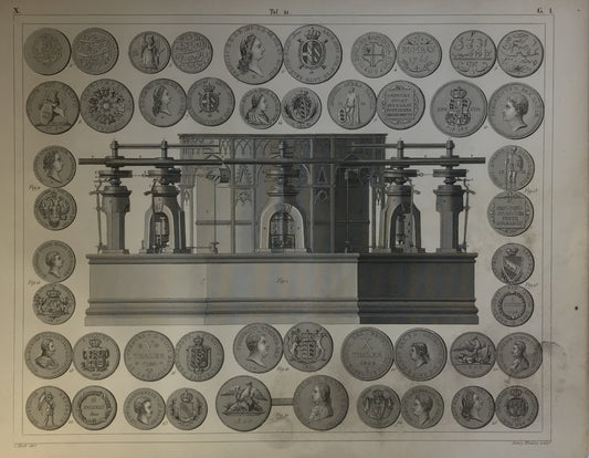 Iconographic Engravings – The Fine Arts (1851) coin minting press surrounded by an array of coins and medals.