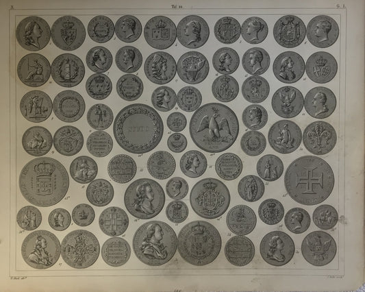 Iconographic Engravings – The Fine Arts (1851) coins display a range of designs, including royal portraits, national crests, mythological figures, and symbolic imagery