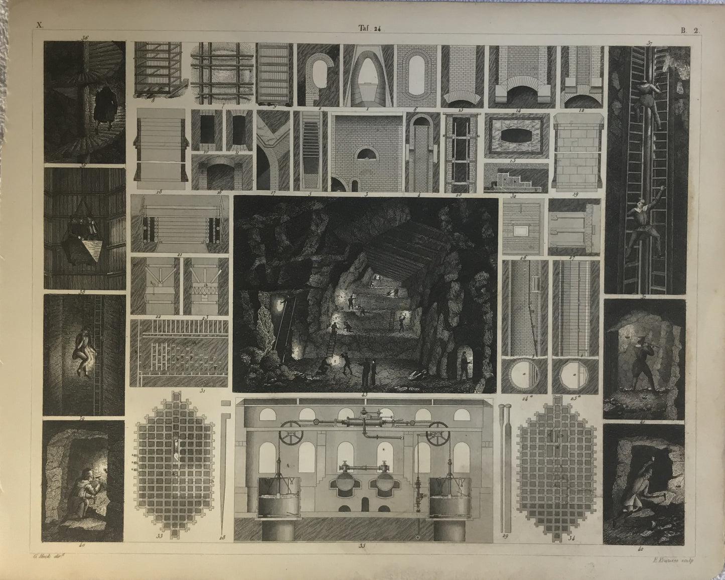 Iconographic Engravings – The Fine Arts (1851) Mining &amp; Tunneling Industrial Engraving - Victorian Engineering Print, Underground Excavation