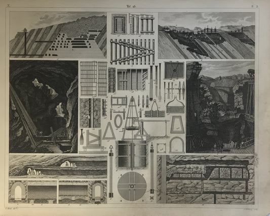 Iconographic Engravings – The Fine Arts (1851) Mining and Geological Excavation Engraving - Victorian Industrial Art Print