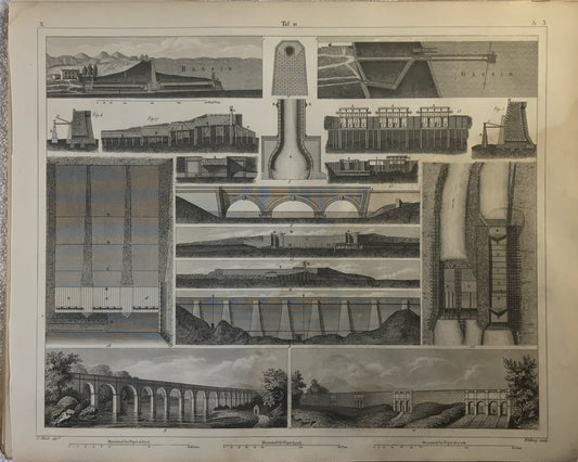 Iconographic Engravings – The Fine Arts (1851) Antique 19th-Century Engineering Engraving - Bridge & Waterway Constructions