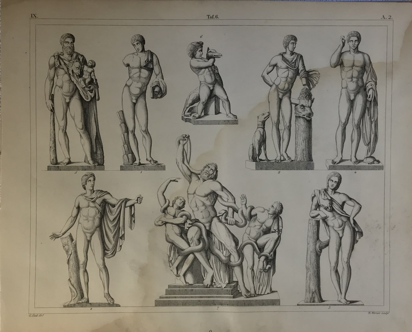 Iconographic Engravings – The Fine Arts (1851)  19th-Century Engraving - Classical Sculptures of Heroes and Mythological Figures