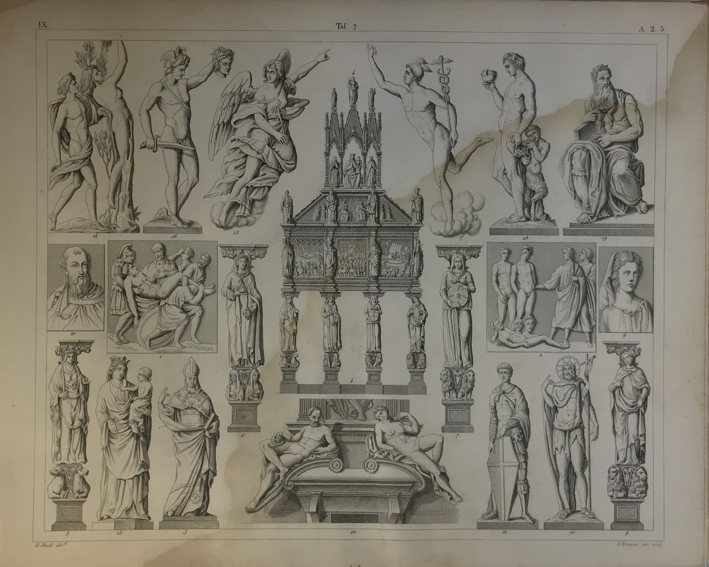 Iconographic Engravings – The Fine Arts (1851) 19th-Century Engraving - Classical and Medieval Sculptures, Mythological Figures, and Architectural Monument