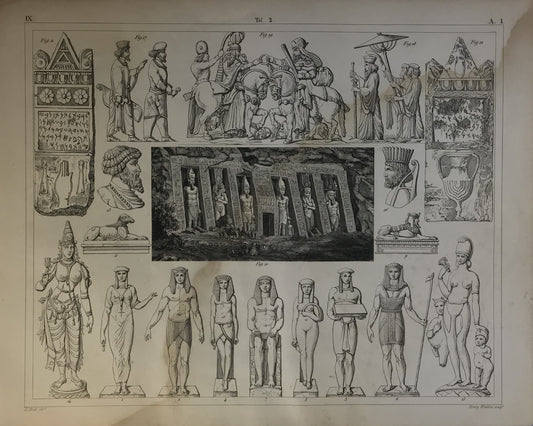 Iconographic Engravings – The Fine Arts (1851) catalog of key cultural and religious symbols from ancient Egypt and its neighboring regions, reflecting themes of mythology, ritual, and royal imagery