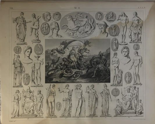 Iconographic Engravings – The Fine Arts (1851) Classical Mythology &amp; Sculpture Engraving by Henry Winkles – 19th Century Greek &amp; Roman