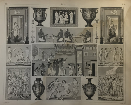 Iconographic Engravings – The Fine Arts (1851) a detailed study of ancient Greek and Roman scenes, pottery, and daily life activities, with a focus on social interactions, games, festivals, and rituals.