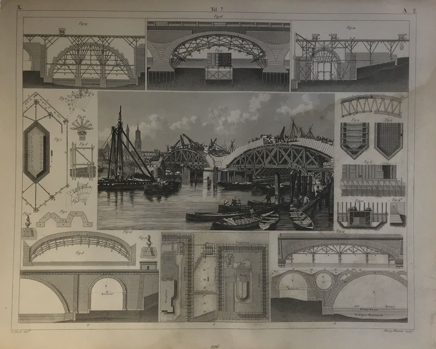 Iconographic Engravings – The Fine Arts (1851) illustrates the construction of a large bridge over a waterway, likely from the 19th century