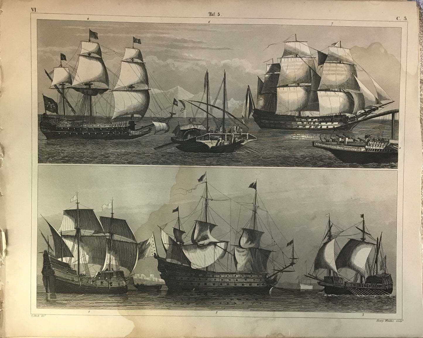 Iconographic Engravings – The Fine Arts (1851)  illustrates 19th-century sailing ships and naval vessels