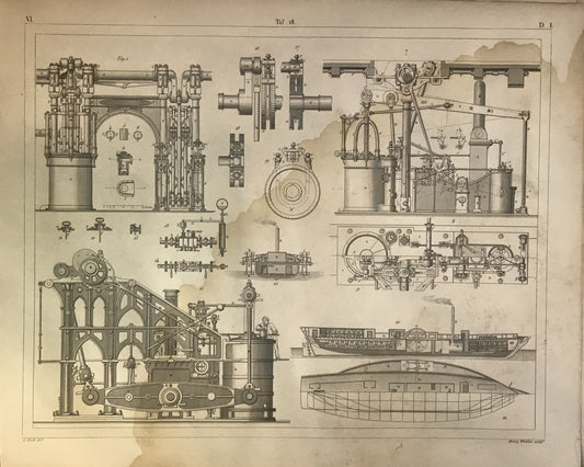 Iconographic Engravings – The Fine Arts (1851)  a detailed technical study of 19th-century steam engine machinery and industrial mechanisms