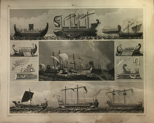 Iconographic Engravings – The Fine Arts (1851)  various types of ancient ships, likely from Greek or Roman antiquity