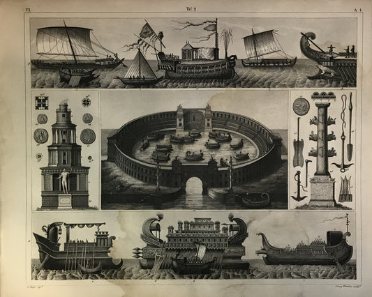 Iconographic Engravings – The Fine Arts (1851) is a  study of ancient Roman and Greek naval architecture and monuments