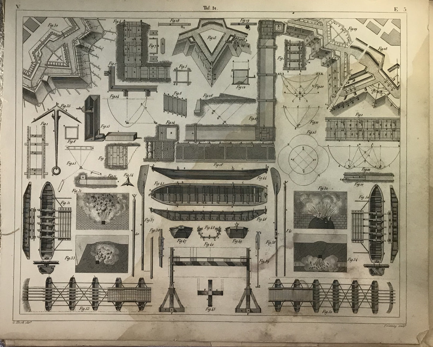 Iconographic Engravings – The Fine Arts (1851) is a technical illustration focused on military fortifications, siege equipment, and maritime engineering