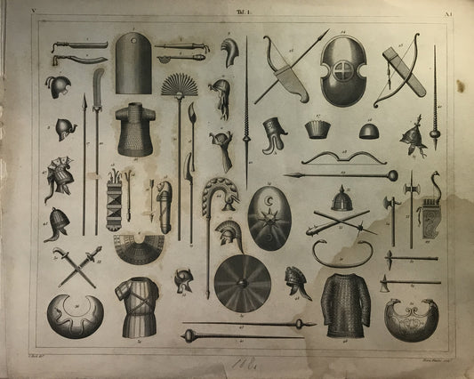 Iconographic Engravings – The Fine Arts (1851)  a detailed study of ancient weapons, armor, and military equipment