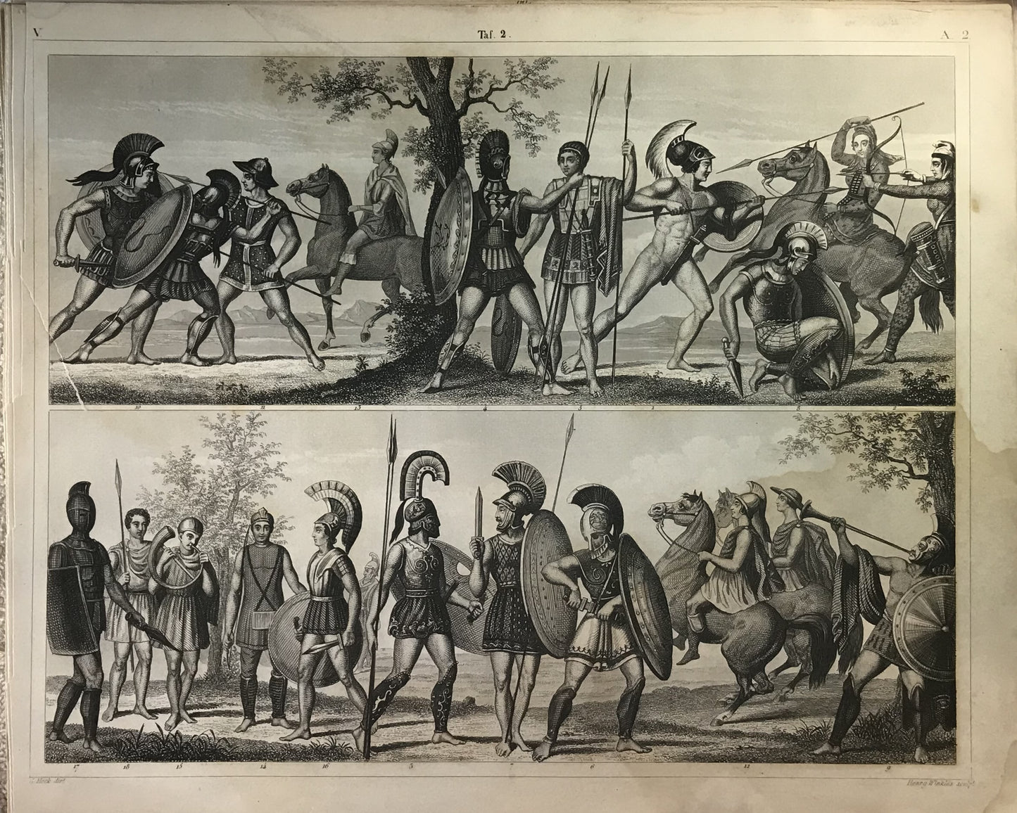 Iconographic Engravings – The Fine Arts (1851)  depicts scenes of ancient Greek warriors in battle and possibly during military exercises