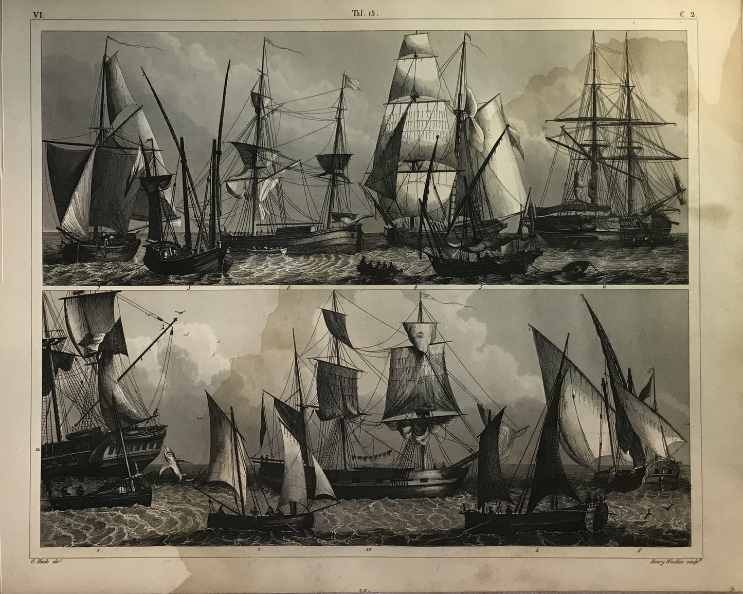 Iconographic Engravings – The Fine Arts (1851) showcases a variety of sailing ships and maritime vessels from what appears to be the 18th or early 19th century