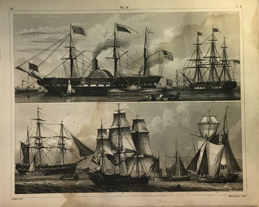 Iconographic Engravings – The Fine Arts (1851) 19th-century maritime vessels, showcasing the transition from sail-powered ships to steam-powered vessel