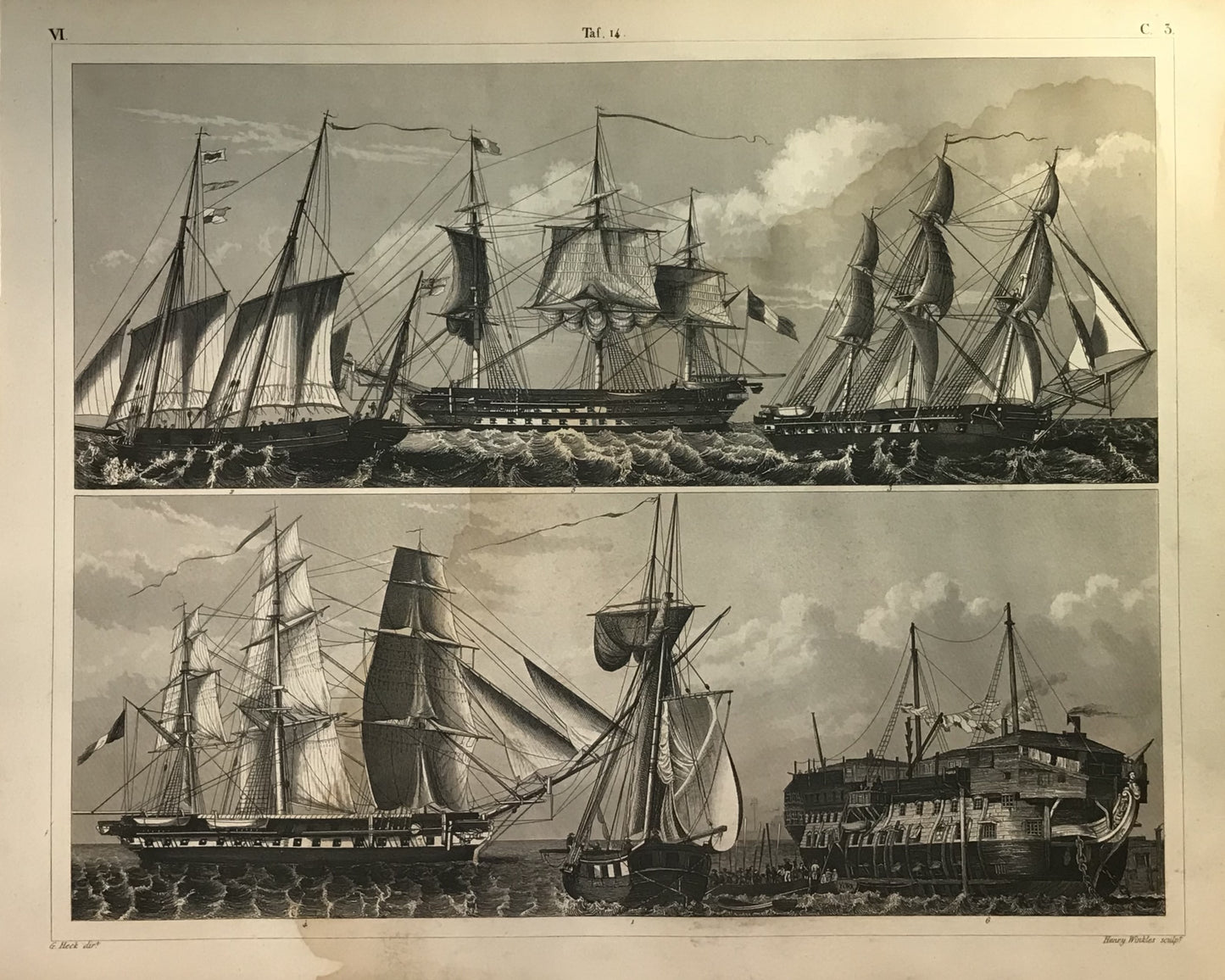 Iconographic Engravings – The Fine Arts (1851) everal 19th-century sailing warships, possibly frigates or ships