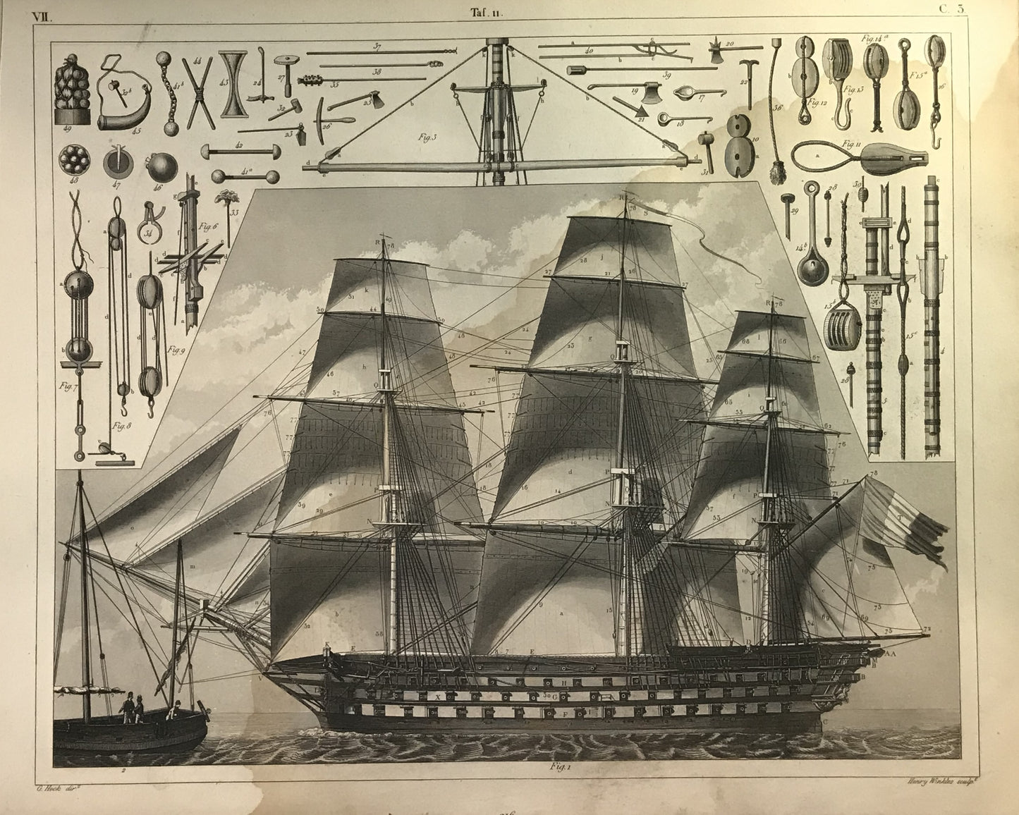 Iconographic Engravings – The Fine Arts (1851) 19th-century warship or frigate in full sail