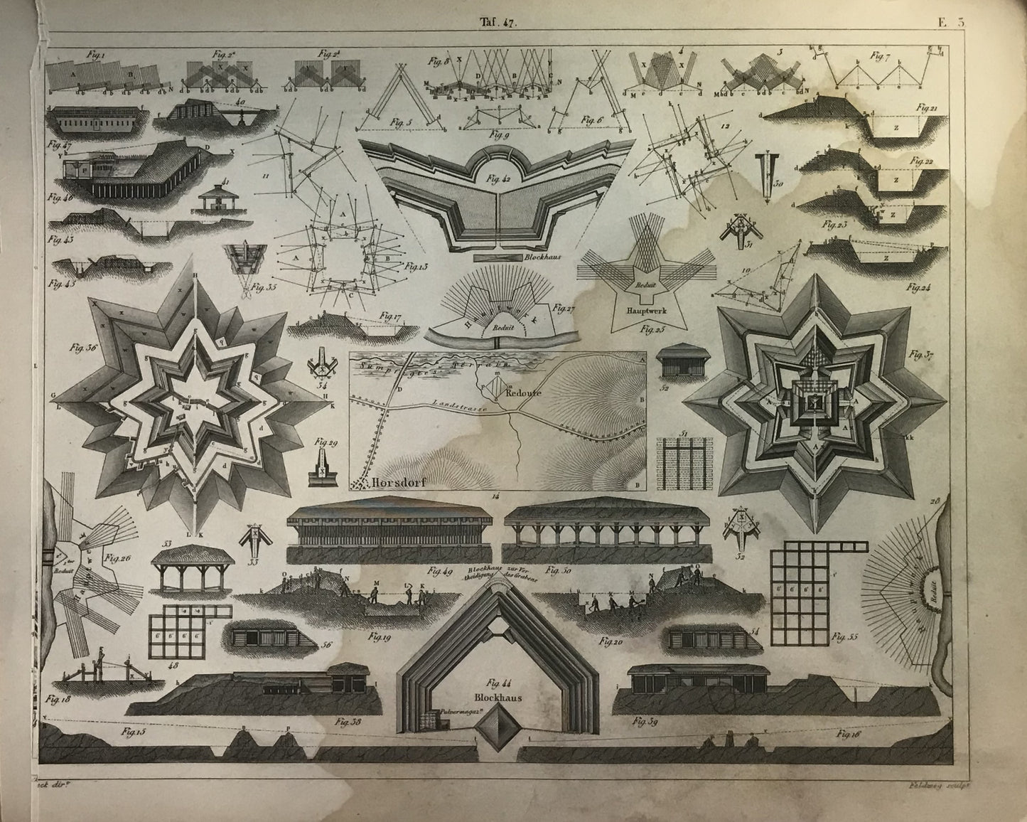 Iconographic Engravings – The Fine Arts (1851)  intricate engraving is a detailed architectural and engineering plan focusing on fortification layout