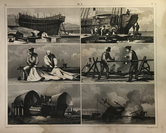 Iconographic Engravings – The Fine Arts (1851)  is a study of various stages of shipbuilding, maintenance, and maritime labor, showcasing the processes and tools involved in constructing, repairing, and managing ships in the 19th century.