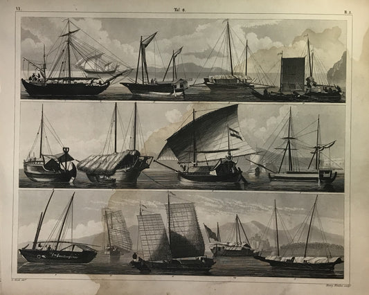 Iconographic Engravings – The Fine Arts (1851) European sailing ships and potentially Asian or Middle Eastern boats with unique rigging and sails