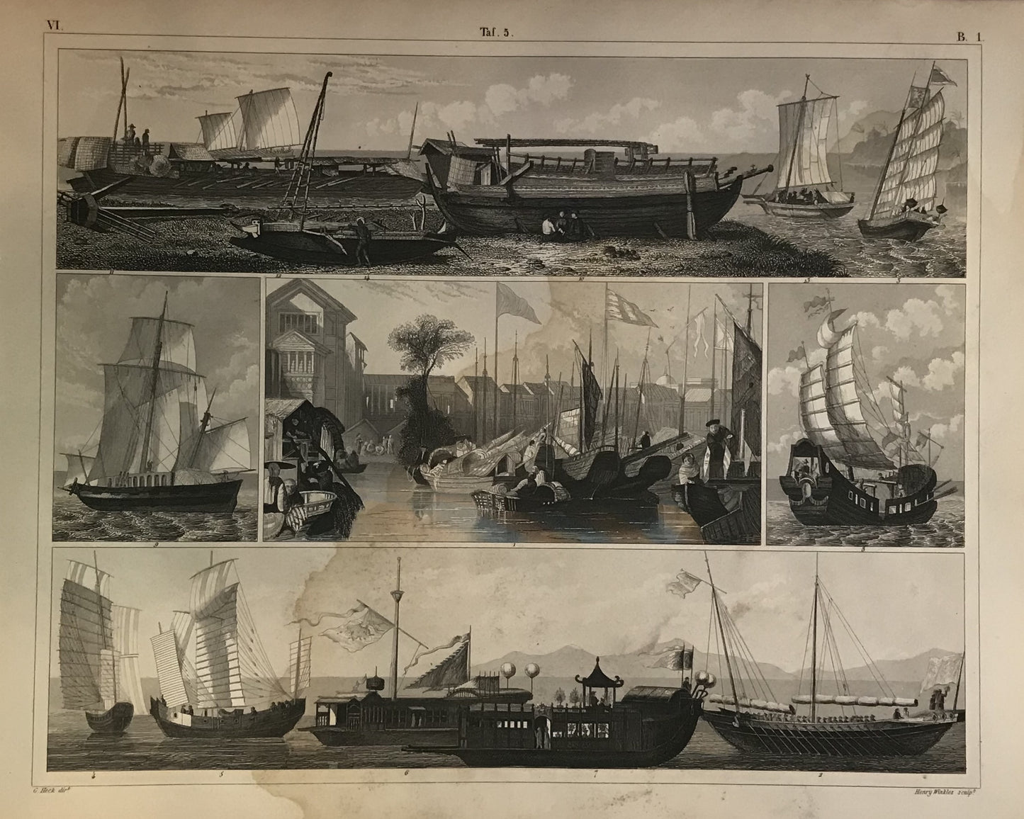 Iconographic Engravings – The Fine Arts (1851) Maritime Engraving by Henry Winkles – 19th Century East Asian Ships and Sailing Vessels