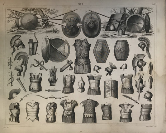 Iconographic Engravings – The Fine Arts (1851) wide array of ancient armor and weaponry, likely inspired by classical Greek and Roman equipment