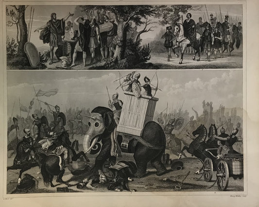 Iconographic Engravings – The Fine Arts (1851) This historical illustration features two distinct scenes from ancient warfare