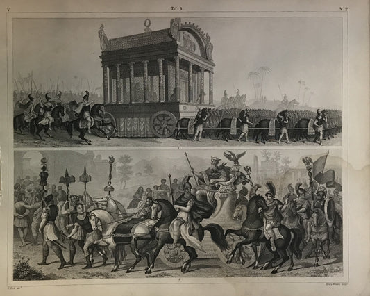 Iconographic Engravings – The Fine Arts (1851) engraving illustrates two grand scenes, likely from a Roman triumphal procession, which was a ceremony to celebrate military victories.