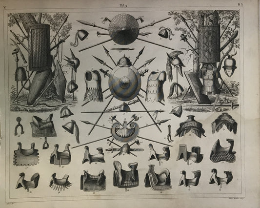 Iconographic Engravings – The Fine Arts (1851) engraving features an array of ancient Roman military gear, including armor, shields, helmets, weapons, and saddles