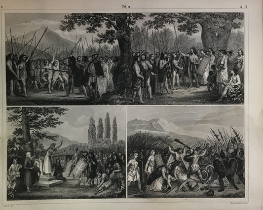 Iconographic Engravings – The Fine Arts (1851) 19th Century Engraving by Henry Winkles – Ancient Greek/Roman Assembly, Battle Scenes