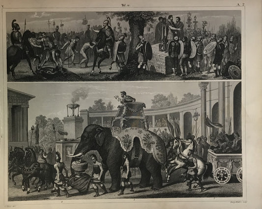 Iconographic Engravings – The Fine Arts (1851) Roman Triumph &amp; Military Scene Engraving by Henry Winkles – 19th Century Roman Procession with Elephant