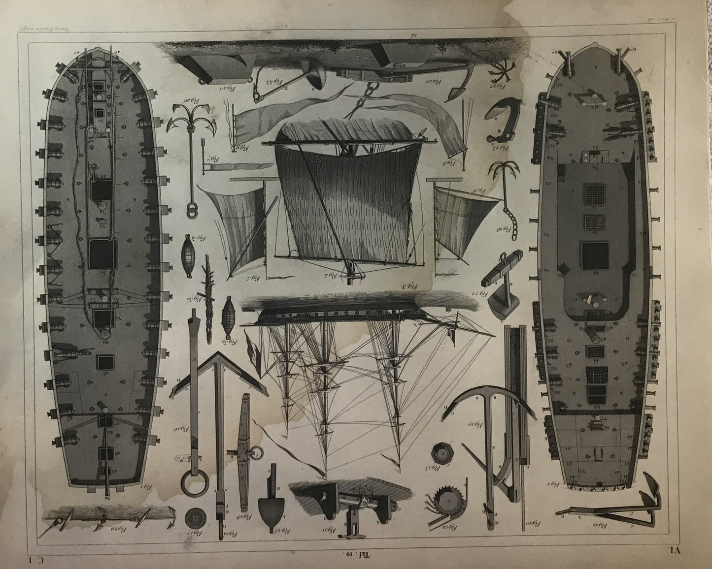 Iconographic Engravings – The Fine Arts (1851)  Antique Ship Diagram & Maritime Components Engraving by Henry Winkles – 19th Century Nautical