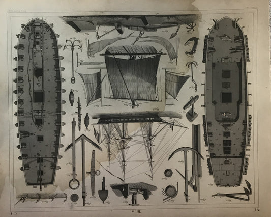 Iconographic Engravings – The Fine Arts (1851)  Antique Ship Diagram & Maritime Components Engraving by Henry Winkles – 19th Century Nautical