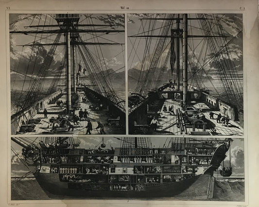 Iconographic Engravings – The Fine Arts (1851) 19th Century Ship Cross-Section &amp; Deck View Engraving by Henry Winkles – Detailed Nautical Print