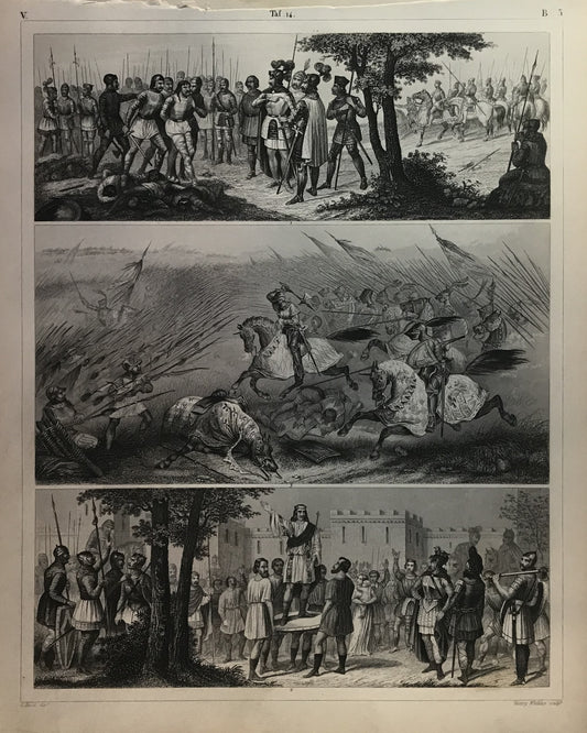 Iconographic Engravings – The Fine Arts (1851) three distinct scenes of medieval military and political life, capturing moments of command, battle, and public address.