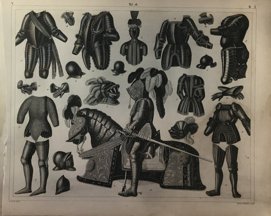 Iconographic Engravings – The Fine Arts (1851)  a detailed study of medieval and Renaissance armor, illustrating various types of suits, helmets, and pieces of protective equipment worn by knights and soldiers