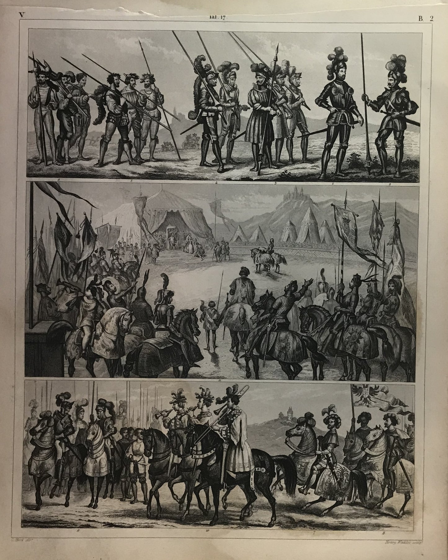 Iconographic Engravings – The Fine Arts (1851)  19th-Century Military Engraving - Renaissance Cavalry, Pikemen, and Encampment Scenes